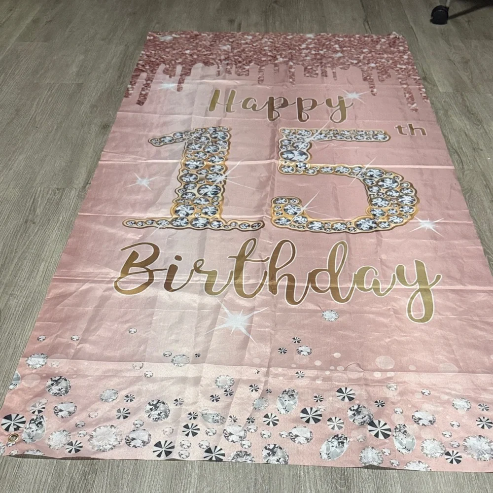***2/$15*** Pink and Gold Happy 15th Birthday Banner